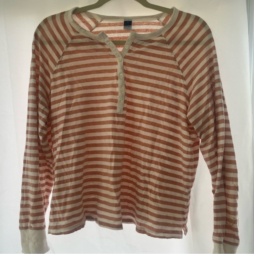 Striped Henley Long Sleeve Top - Rust & Cream Old Navy Size Large